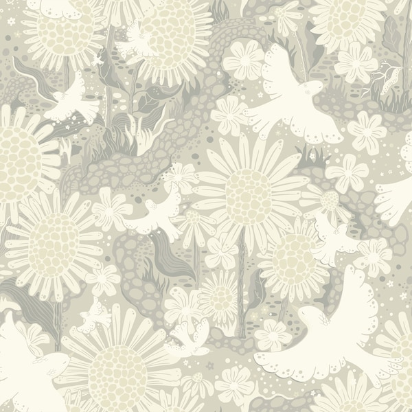 Manhattan Comfort Roubaix Drmma Light Grey Songbirds and Sunflowers 33 ft L X 209 in W Wallpaper BR4111-63011 - main